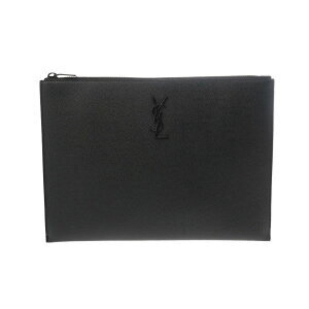 Saint Laurent Zip Tablet Holder Black Grained Poudre Embossed Leather Clutch